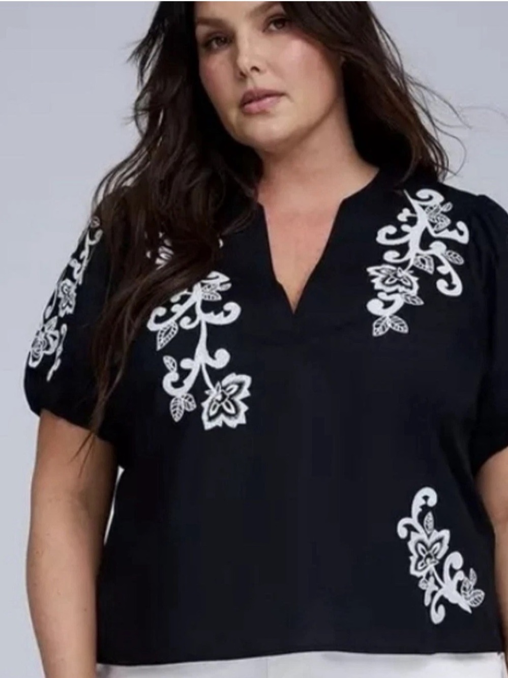 Belle Isle Torrid Size 3 (3X) Embroidered Puff Sleeve Top Black White Cotton